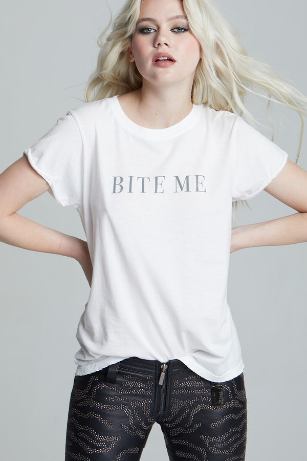 Recycled Karma Bite Me White Fitted Minimalist Tee