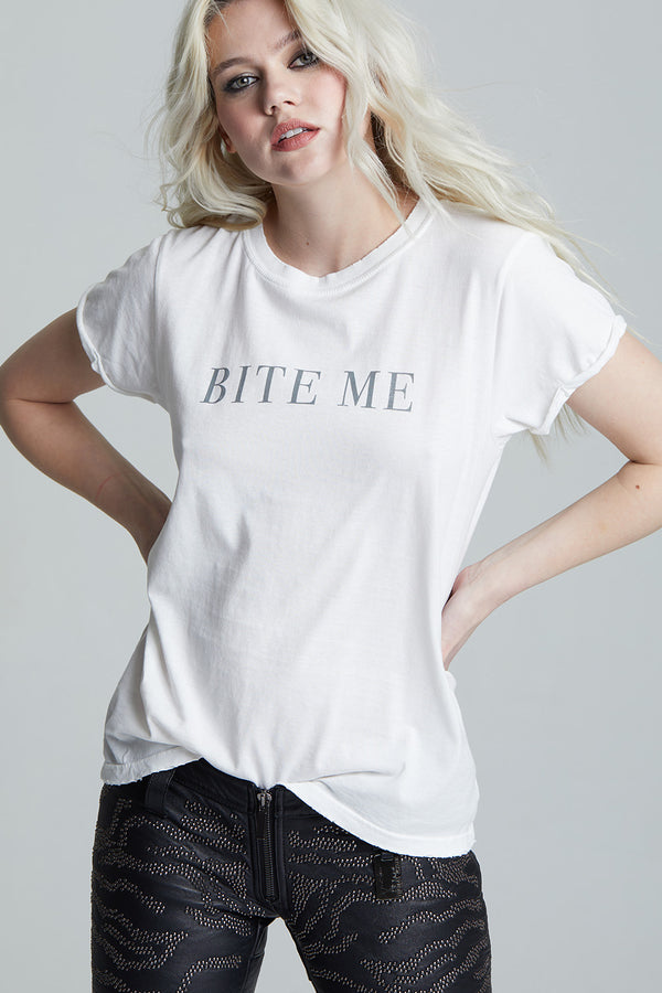 recycled karma Bite Me White Fitted Minimalist Tee