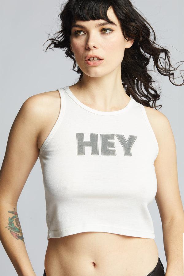 Recycled Karma Hey White Cropped Tank Top