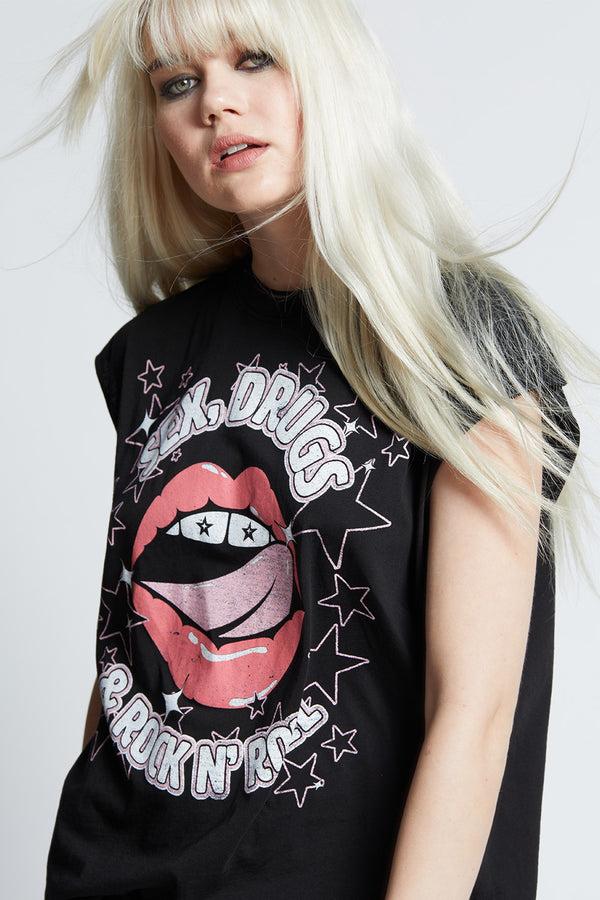 Recycled Karma Rock ‘N’ Roll Lips Cut Sleeve Tee