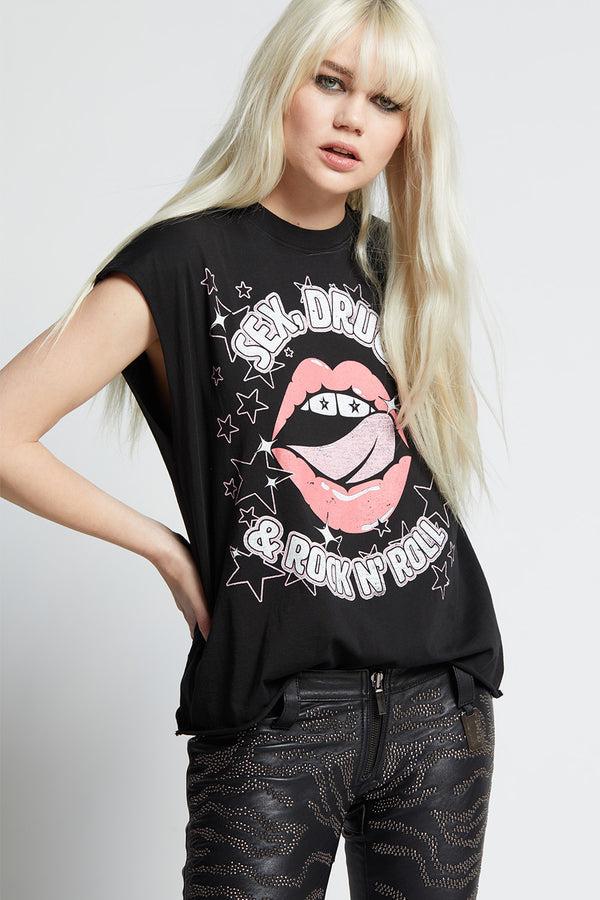 recycled karma Rock ‘N’ Roll Lips Cut Sleeve Tee