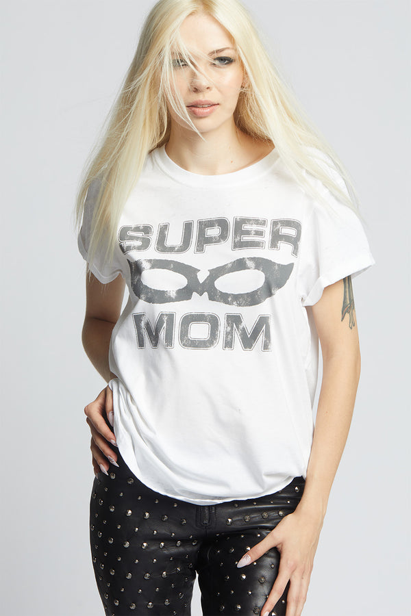 Recycled Karma Super Mom White Fitted Burnout Tee