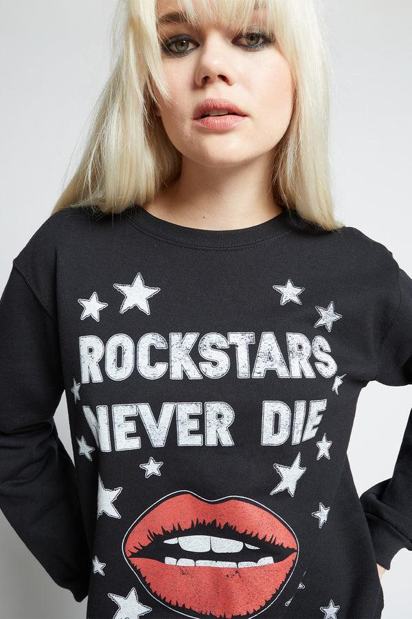 Recycled Karma Rockstars Never Die Slim Fit Black Graphic Sweatshirt