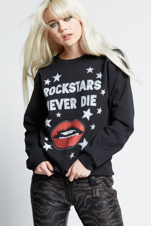 Recycled Karma Rockstars Never Die Slim Fit Black Graphic Sweatshirt