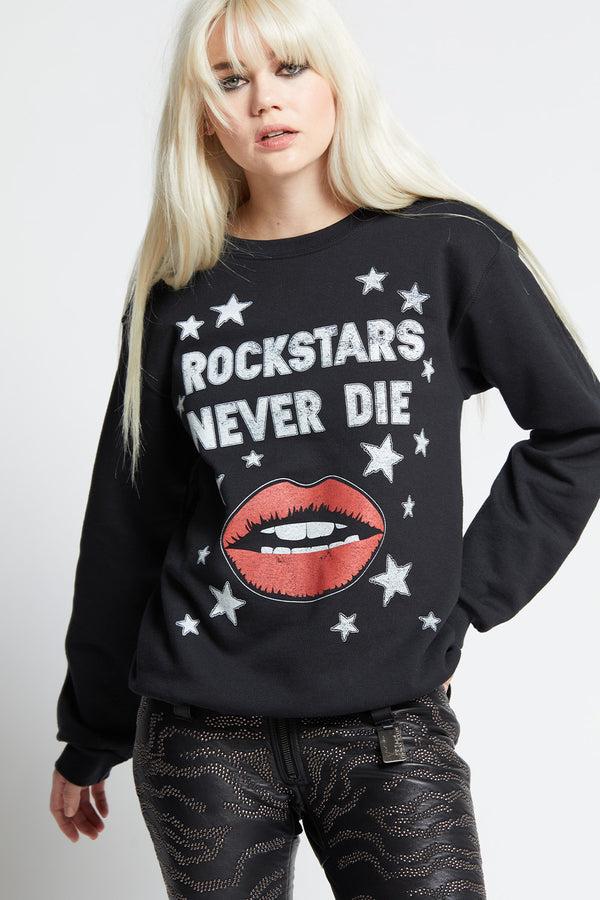 recycled karma Rockstars Never Die Slim Fit Black Graphic Sweatshirt