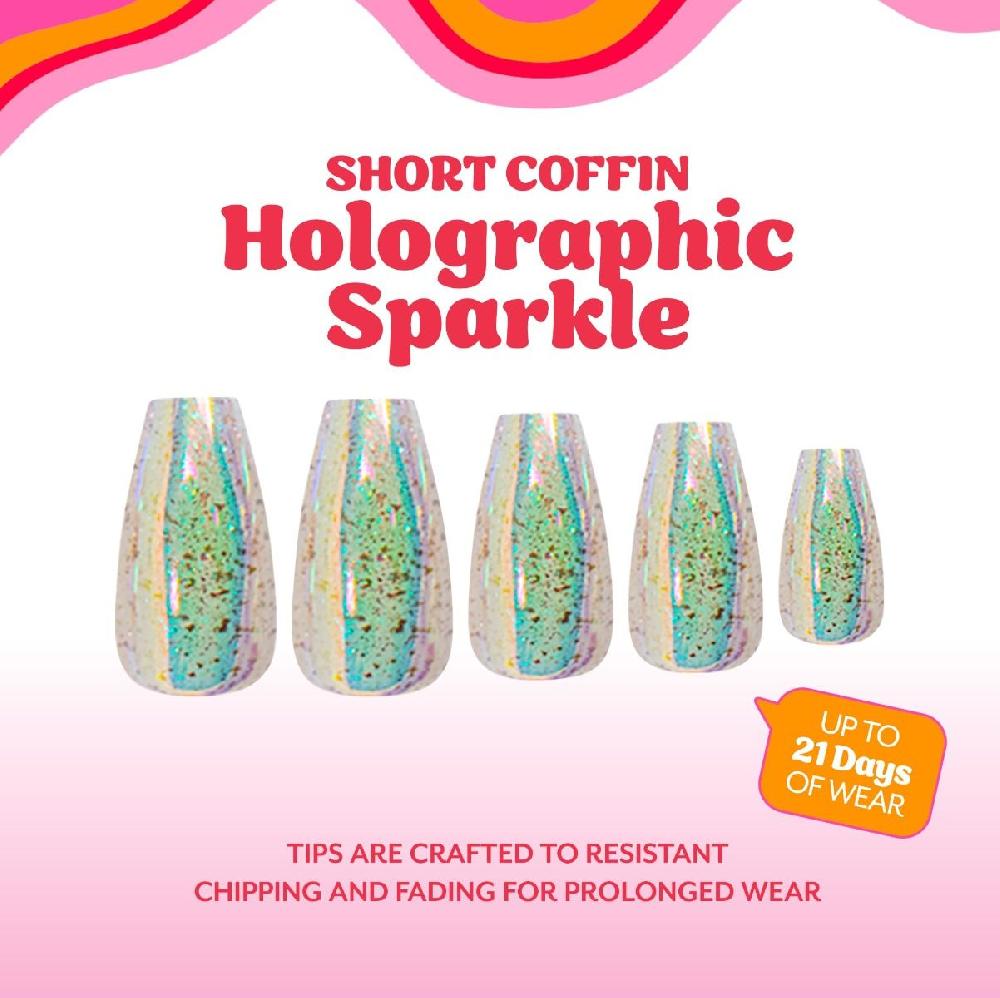 Red Carpet Manicure Gel-On Designed Tips - Holographic Sparkle Coffin