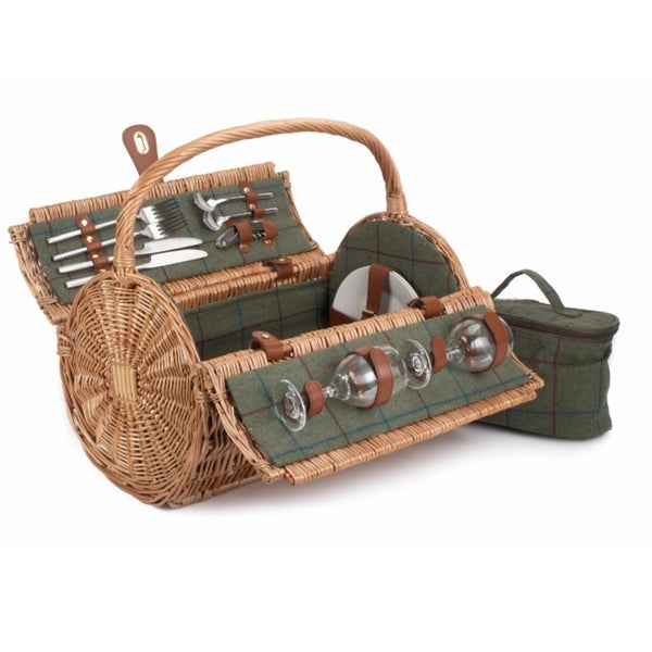Red Hamper 2 Person Green Tweed Barrel Wicker Picnic Basket