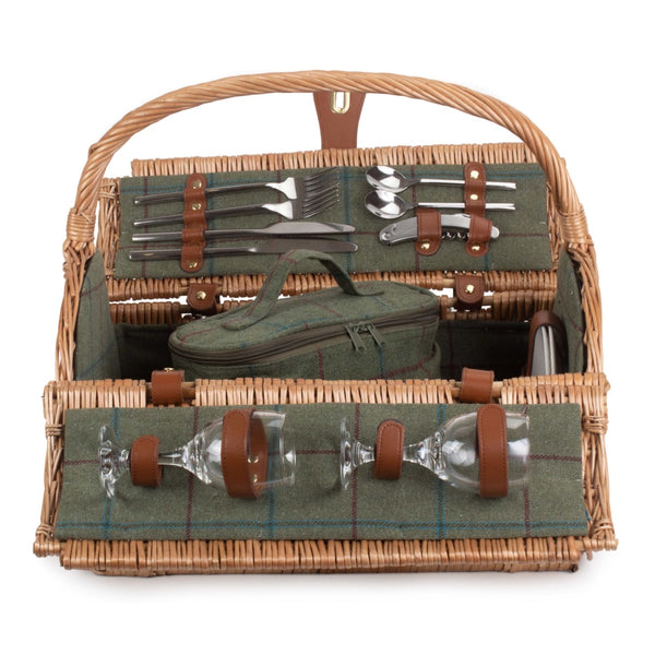 Red Hamper 2 Person Green Tweed Barrel Wicker Picnic Basket