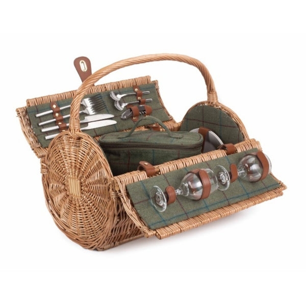 red hamper 2 Person Green Tweed Barrel Wicker Picnic Basket