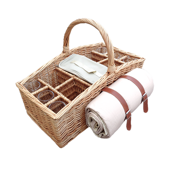 red hamper 4 Bottle Wicker Drinks Basket with Glasses and Blanket