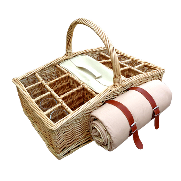 red hamper 6 Bottle Wicker Drinks Basket with Glasses and Blanket