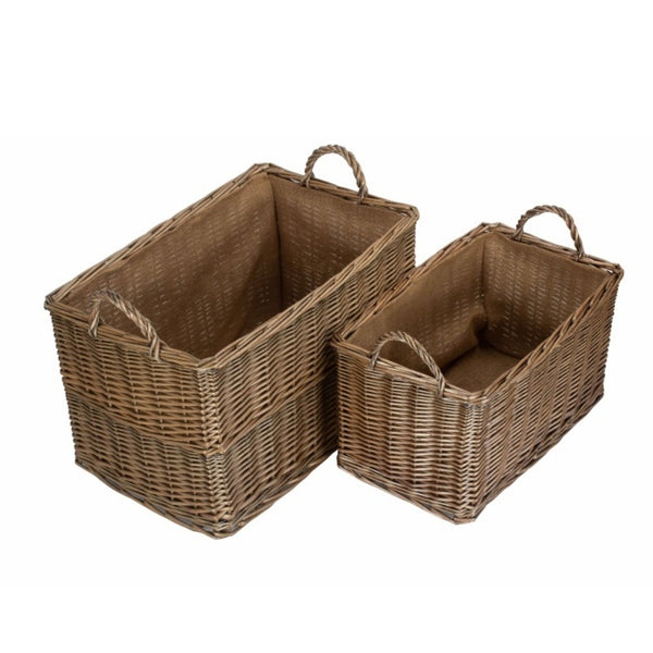 Red Hamper Antique Wash Rectangular Hessian Lined Wicker Log Basket