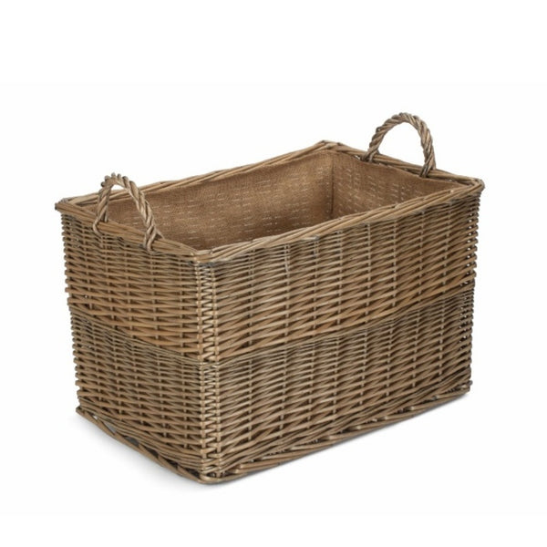 Red Hamper Antique Wash Rectangular Hessian Lined Wicker Log Basket