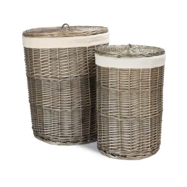 red hamper Antique Wash Round White Cotton Lined Laundry Basket