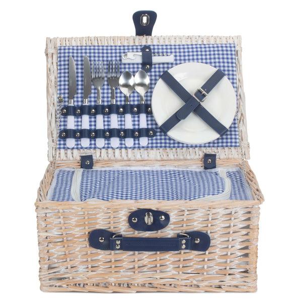 Red Hamper Blue And White Gingham 2 Person Fitted Wicker Picnic Basket