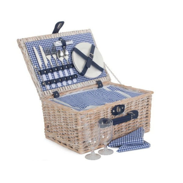 red hamper Blue and White Gingham 2 Person Fitted Wicker Picnic Basket