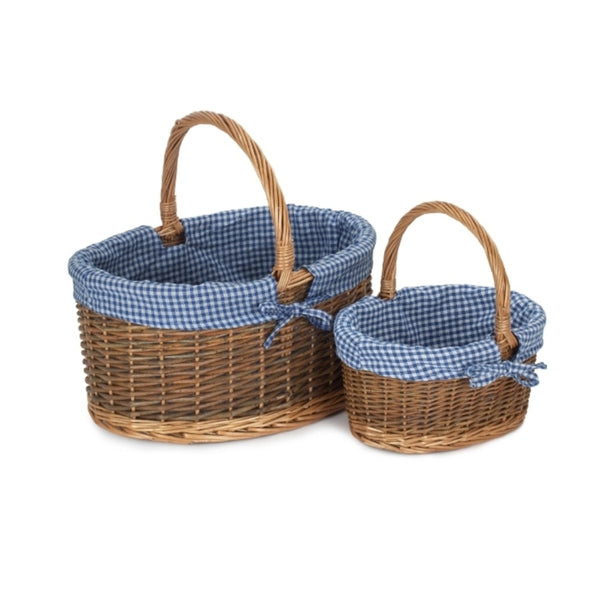 red hamper Blue Checked Lined Country Oval Wicker Shopping Basket