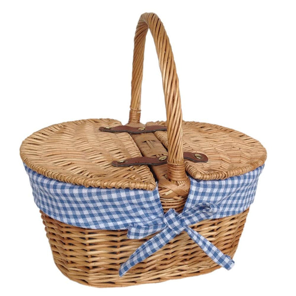 red hamper Child's Lined Oval Lidded Buff Wicker Picnic Basket