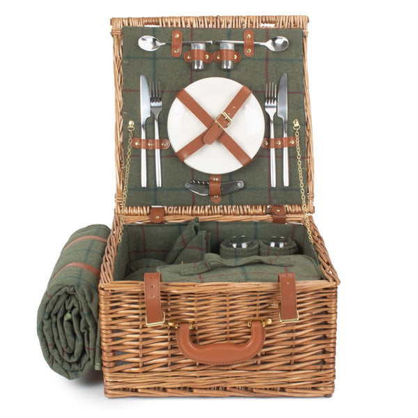Red Hamper Deluxe Green Tweed 2 Person Fitted Wicker Picnic Basket