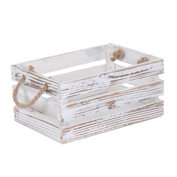 Red Hamper Distressed White Rope Handled Wooden Storage Crate