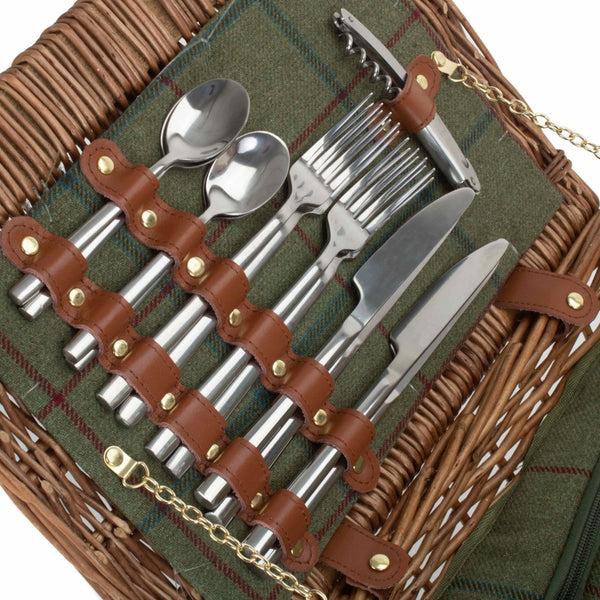 Red Hamper Elegant 4 Person Green Tweed Fitted Picnic Basket