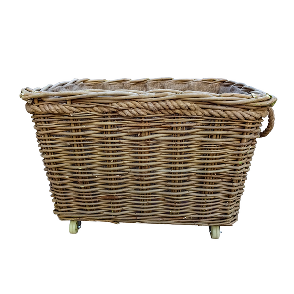 red hamper Extra Large Rope Handle Wicker Log Basket on Wheels
