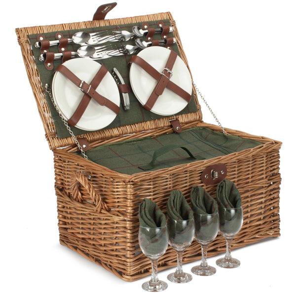 red hamper Four Person Green Tweed Chest Wicker Picnic Basket