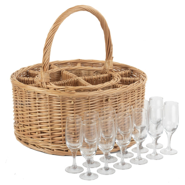 Red Hamper Garden Wicker Drinks Basket Complete With 12 Glasses