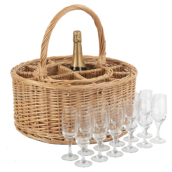 red hamper Garden Wicker Drinks Basket Complete with 12 Glasses