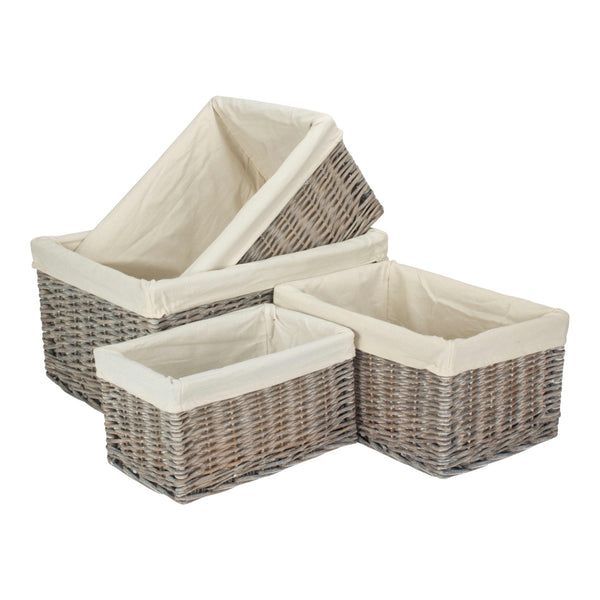 red hamper Grey Wash White Cotton Lined Willow Storage Baskets