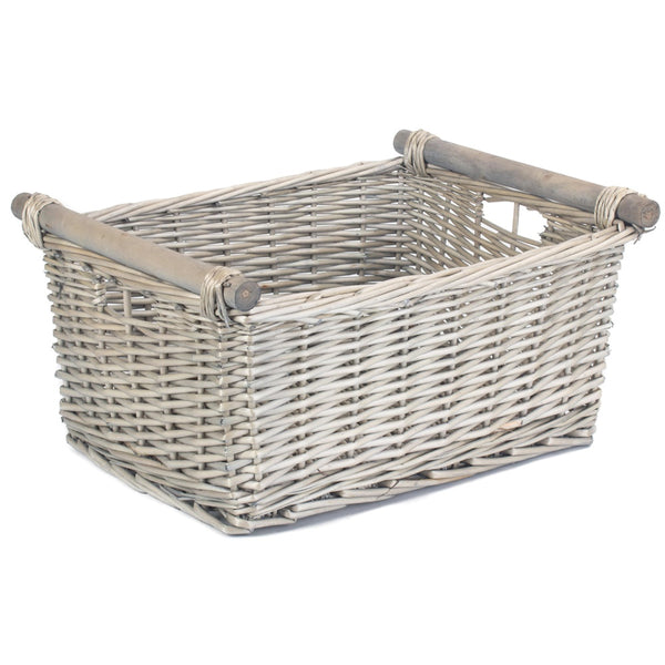 Red Hamper Grey Wash Wooden Handled Wicker Storage Basket