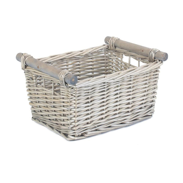 red hamper Grey Wash Wooden Handled Wicker Storage Basket