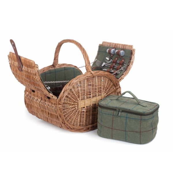 Red Hamper Oval 4 Person Green Tweed Wicker Picnic Basket