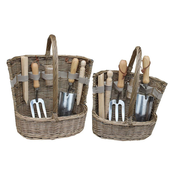 red hamper Antique Wash Garden Basket with Tools