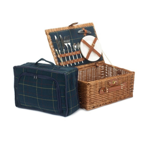 red Hamper Blue Tweed Fitted Wicker Picnic Basket