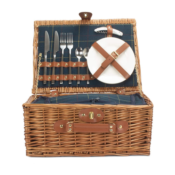 red Hamper Blue Tweed Fitted Wicker Picnic Basket