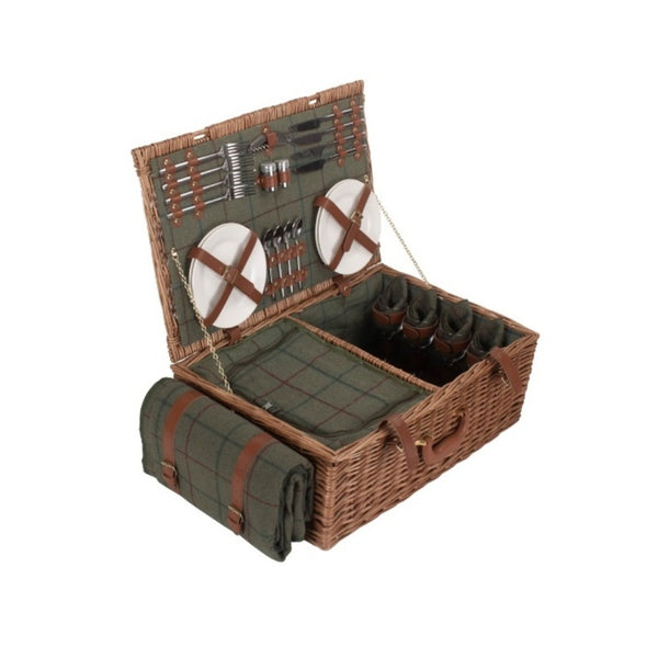 Red Hamper Green Tweed Fitted Wicker Picnic Basket