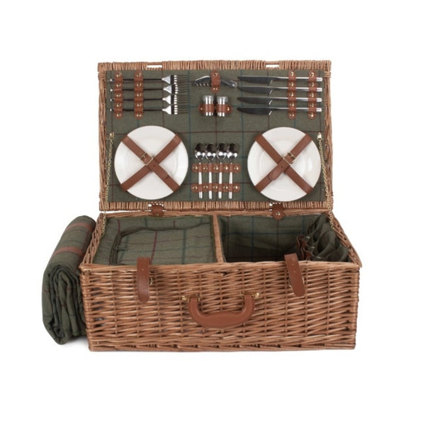 Red Hamper Green Tweed Fitted Wicker Picnic Basket