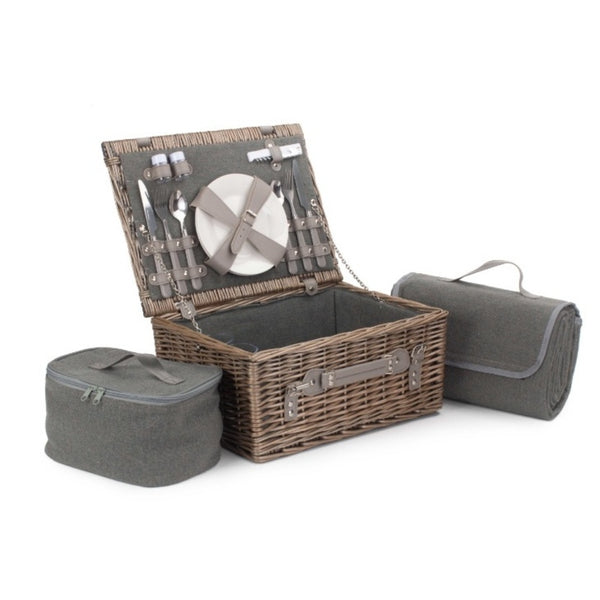 Red Hamper Grey Tweed Wicker Fitted Picnic Basket