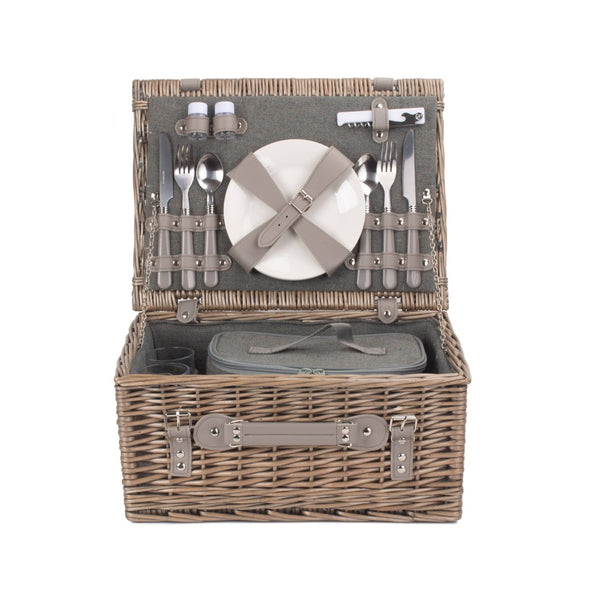 Red Hamper Grey Tweed Wicker Fitted Picnic Basket