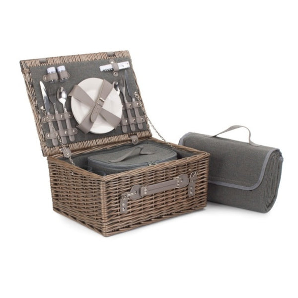 red hamper Grey Tweed Wicker Fitted Picnic Basket