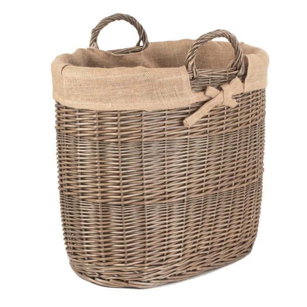 red hamper Hessian Lined Oval Wicker Log Basket