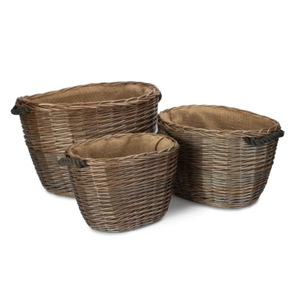 red hamper Oval Hessian Lined Wicker Log Basket