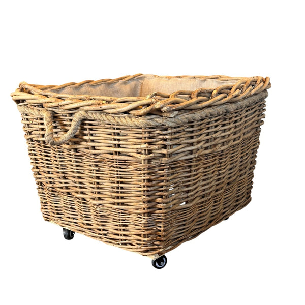 Red Hamper Square Hessian Lined Wheeled Log Basket