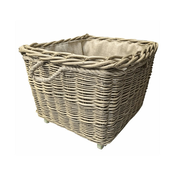 red hamper Square Hessian Lined Wheeled Log Basket