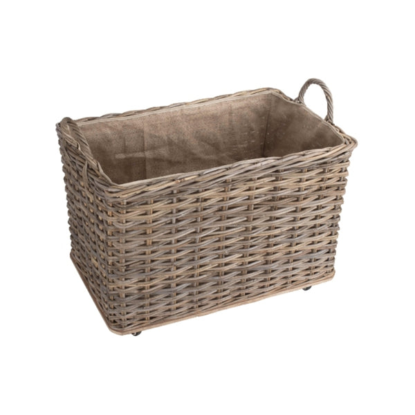 Red Hamper Wheeled Hessian Lined Rattan Log Basket