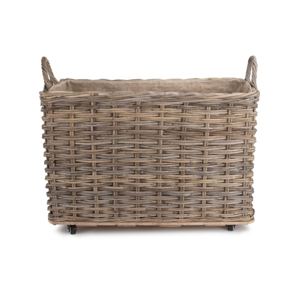 Red Hamper Wheeled Hessian Lined Rattan Log Basket
