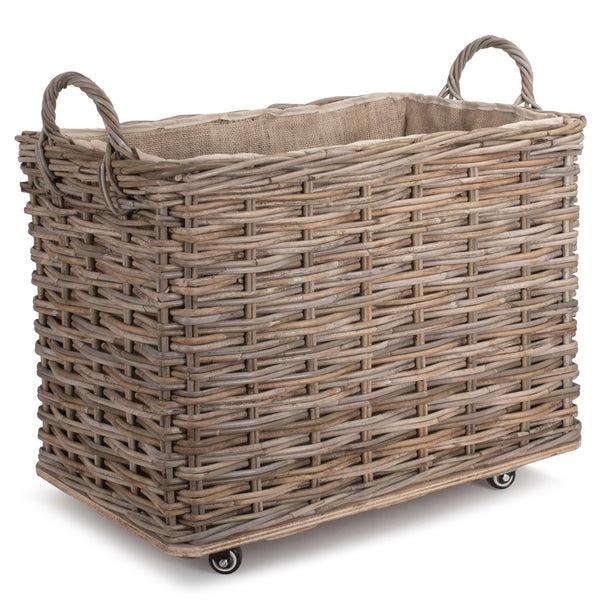 red hamper Wheeled Hessian Lined Rattan Log Basket