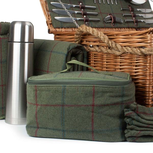 Red Hamper Rope Handled Green Tweed 6 Person Fitted Picnic Basket