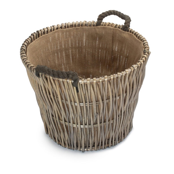 Red Hamper Round Grey Hessian Lined Wicker Log Basket